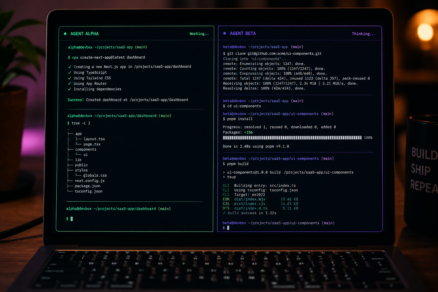 Laptop screen split between two terminal windows running different AI coding tools side by side