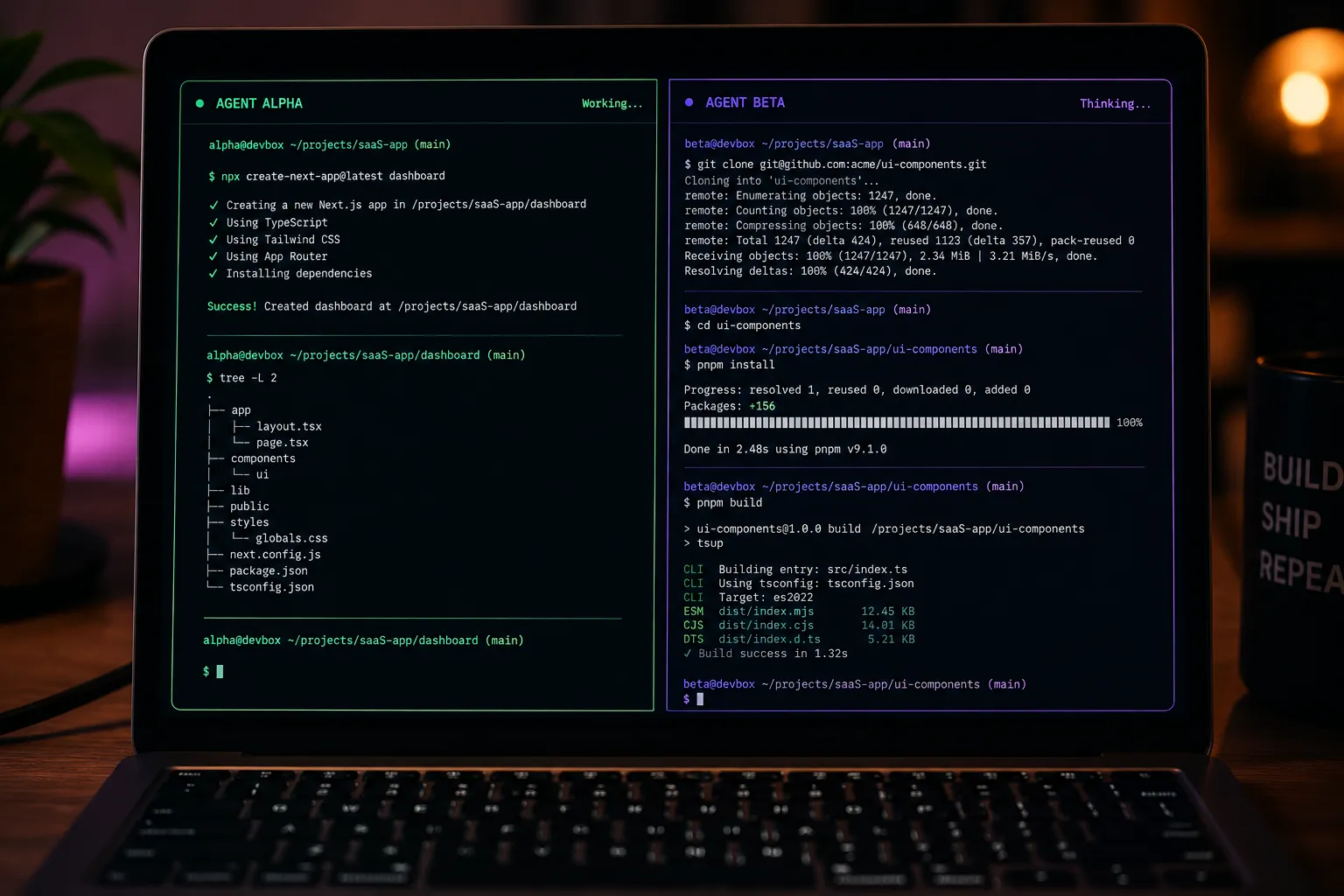 Laptop screen split between two terminal windows running different AI coding tools side by side