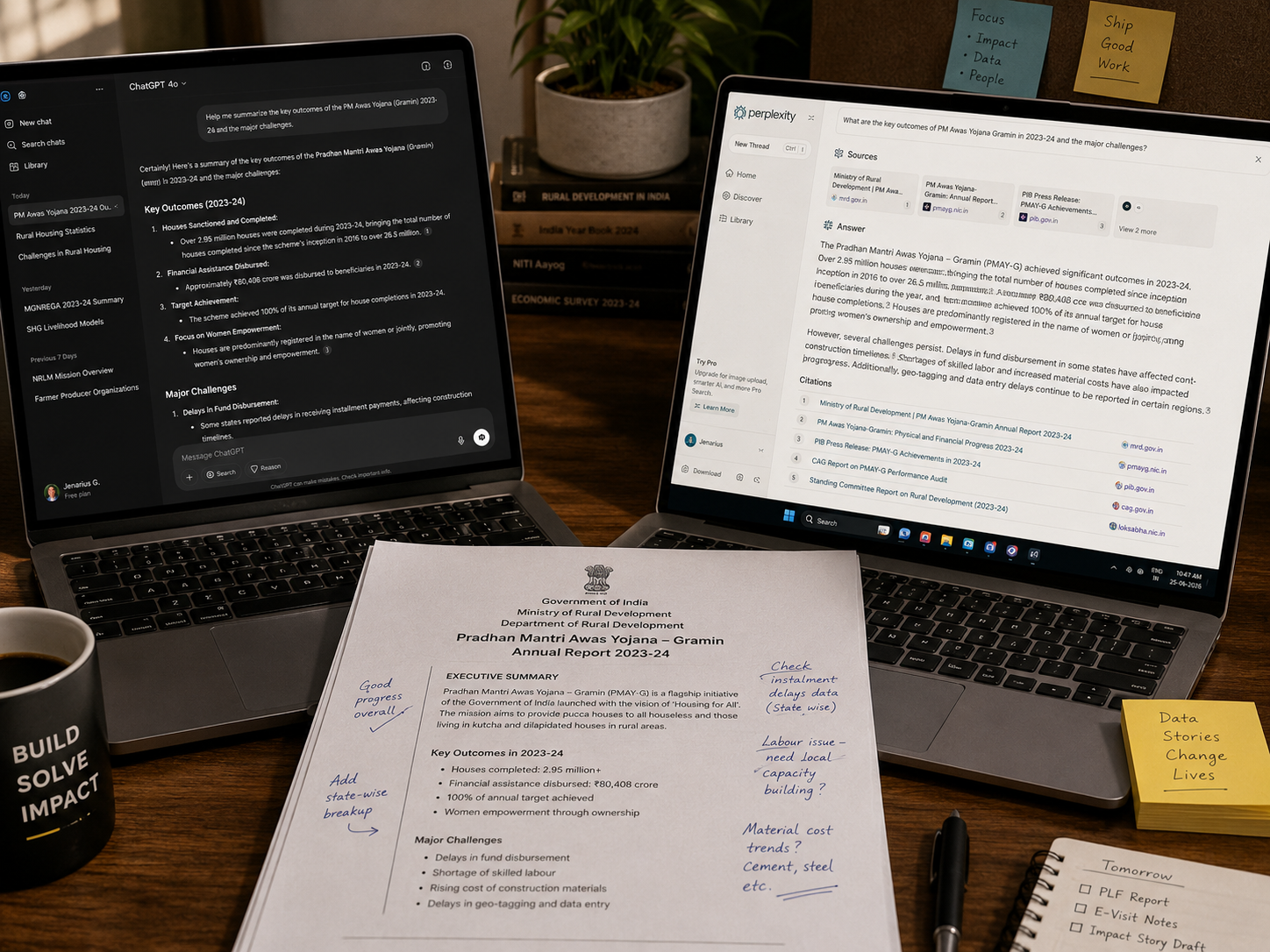 A cluttered desk setup showing ChatGPT and Perplexity AI open side by side on a laptop screen, with a printed HRDP quarterly report and handwritten notes nearby