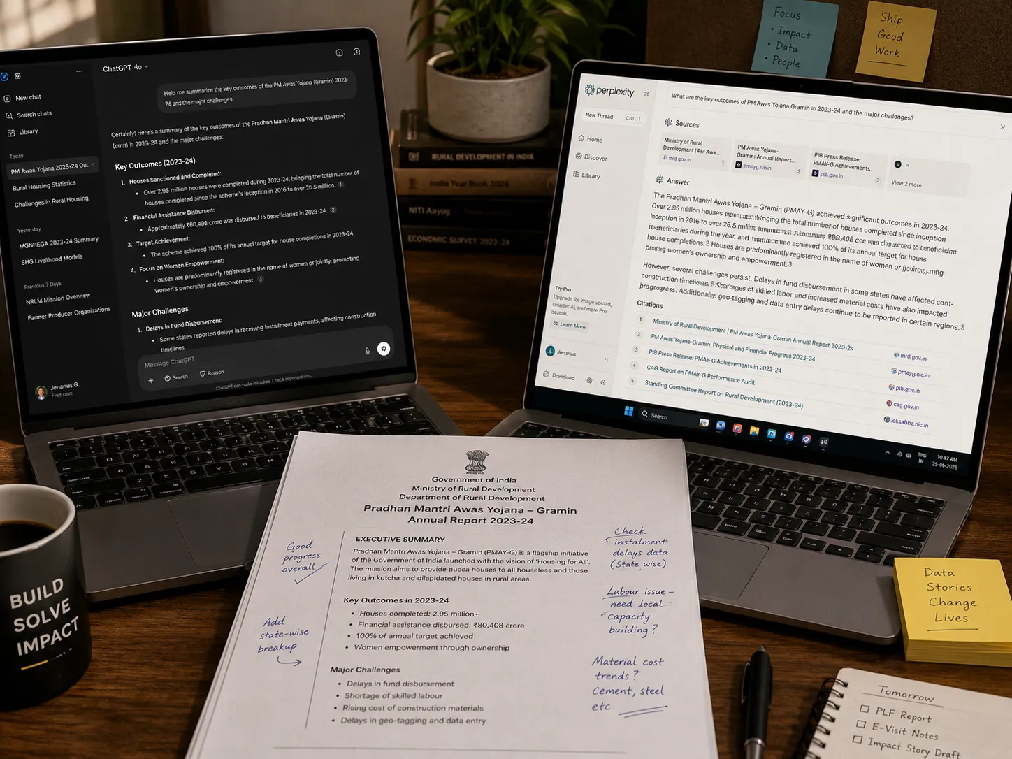 A cluttered desk setup showing ChatGPT and Perplexity AI open side by side on a laptop screen, with a printed HRDP quarterly report and handwritten notes nearby
