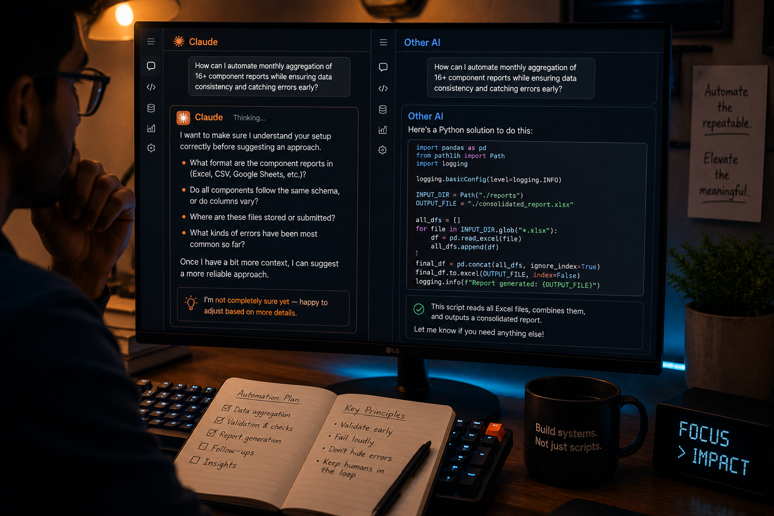 A side-by-side view of two code editor windows on one monitor, one showing a red error underline and the other showing a clean diff