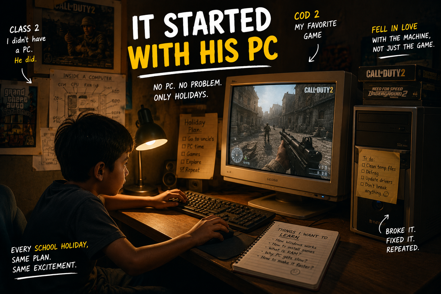 A worn desktop PC in a dim room, representing a childhood spent learning computers on borrowed machines