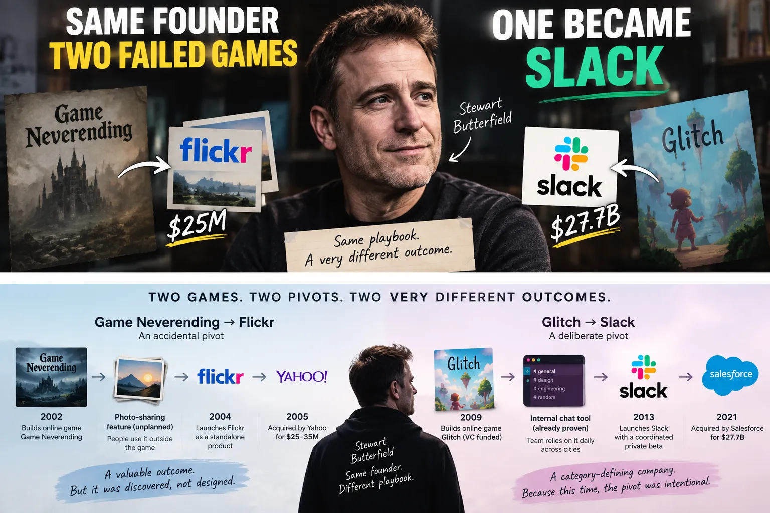 Two diverging timelines from a single founder, one leading to a modest acquisition and one leading to a much larger one