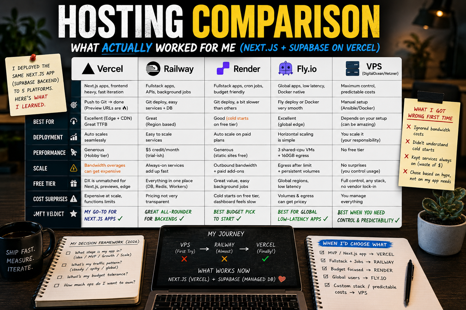 A developer's desk with a laptop showing a cloud hosting dashboard next to a notebook with hand-drawn pricing comparisons