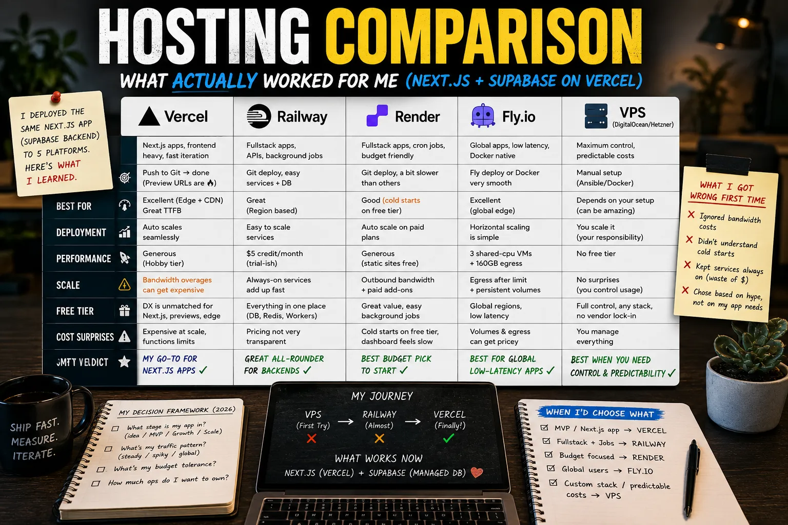 A developer's desk with a laptop showing a cloud hosting dashboard next to a notebook with hand-drawn pricing comparisons