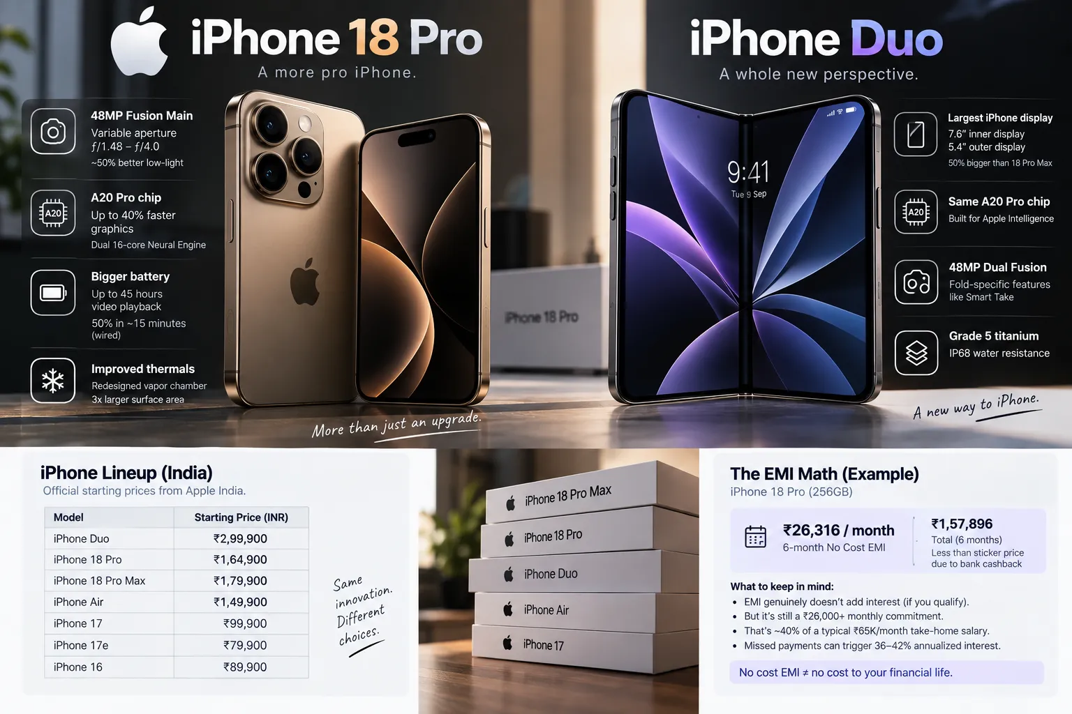 A price ladder chart showing iPhone 16 through iPhone Duo stacked by price in India, with the EMI trap zone highlighted