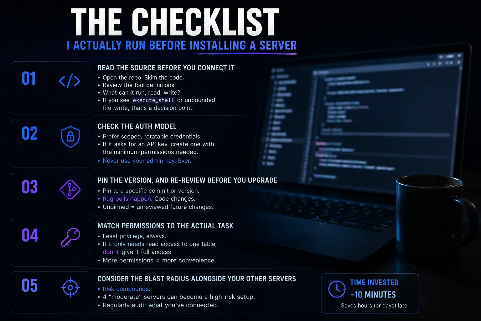 SCREENSHOT NEEDED: A real terminal window showing an MCP server's stdio configuration file, with the command field visible