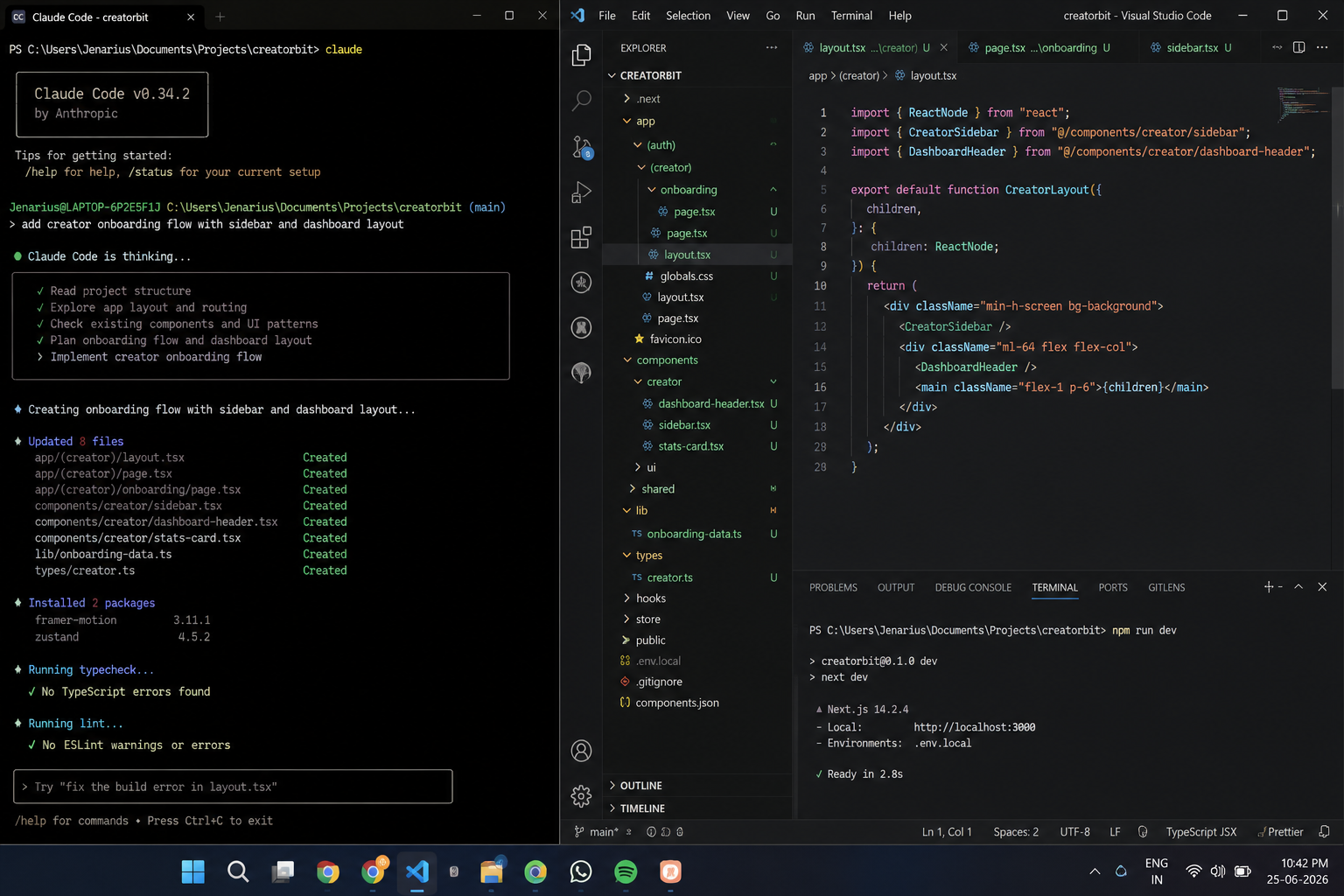 SCREENSHOT NEEDED: A real terminal window showing Claude Code mid-task on the CreatorBit repository, with VS Code open in a second pane