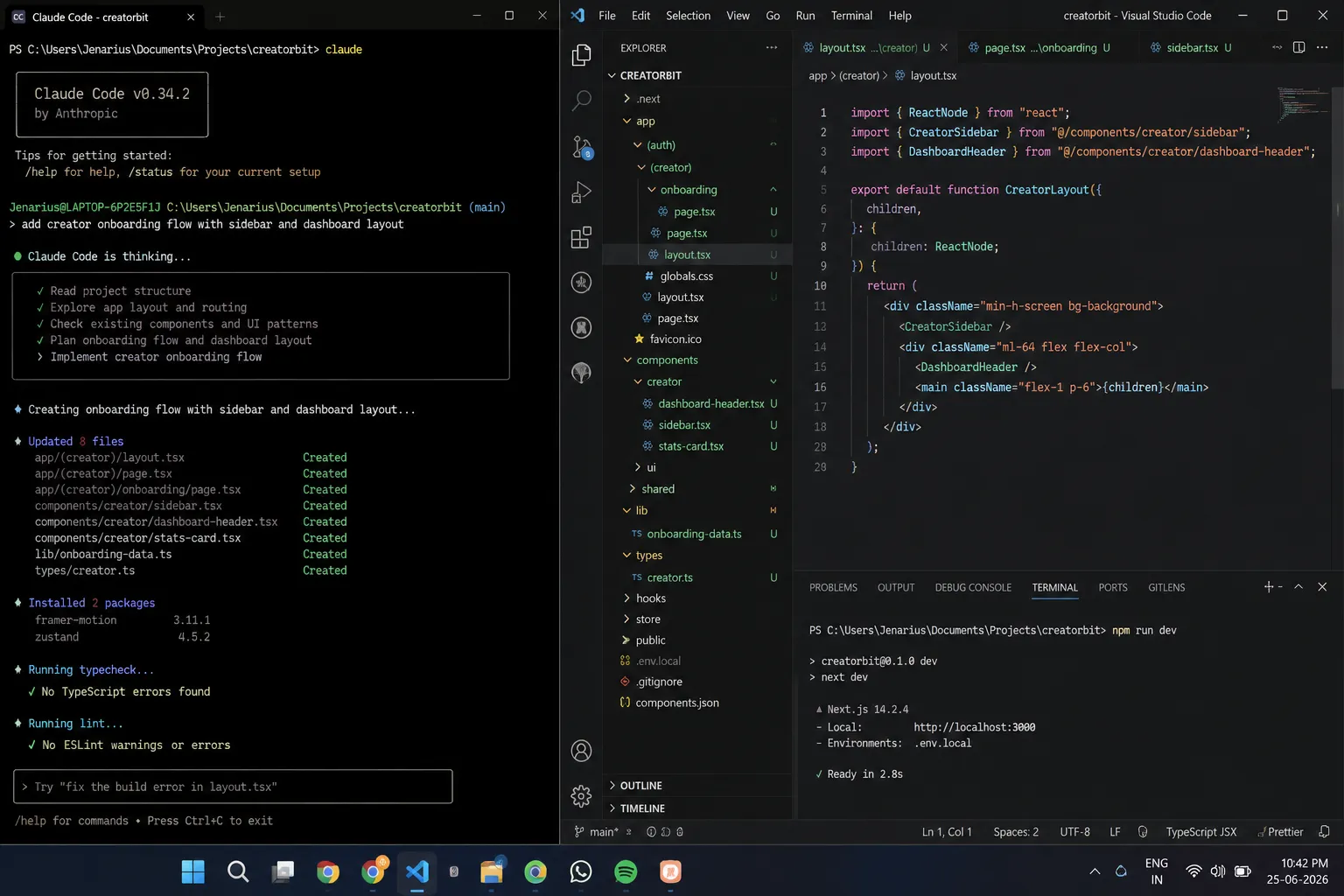 SCREENSHOT NEEDED: A real terminal window showing Claude Code mid-task on the CreatorBit repository, with VS Code open in a second pane