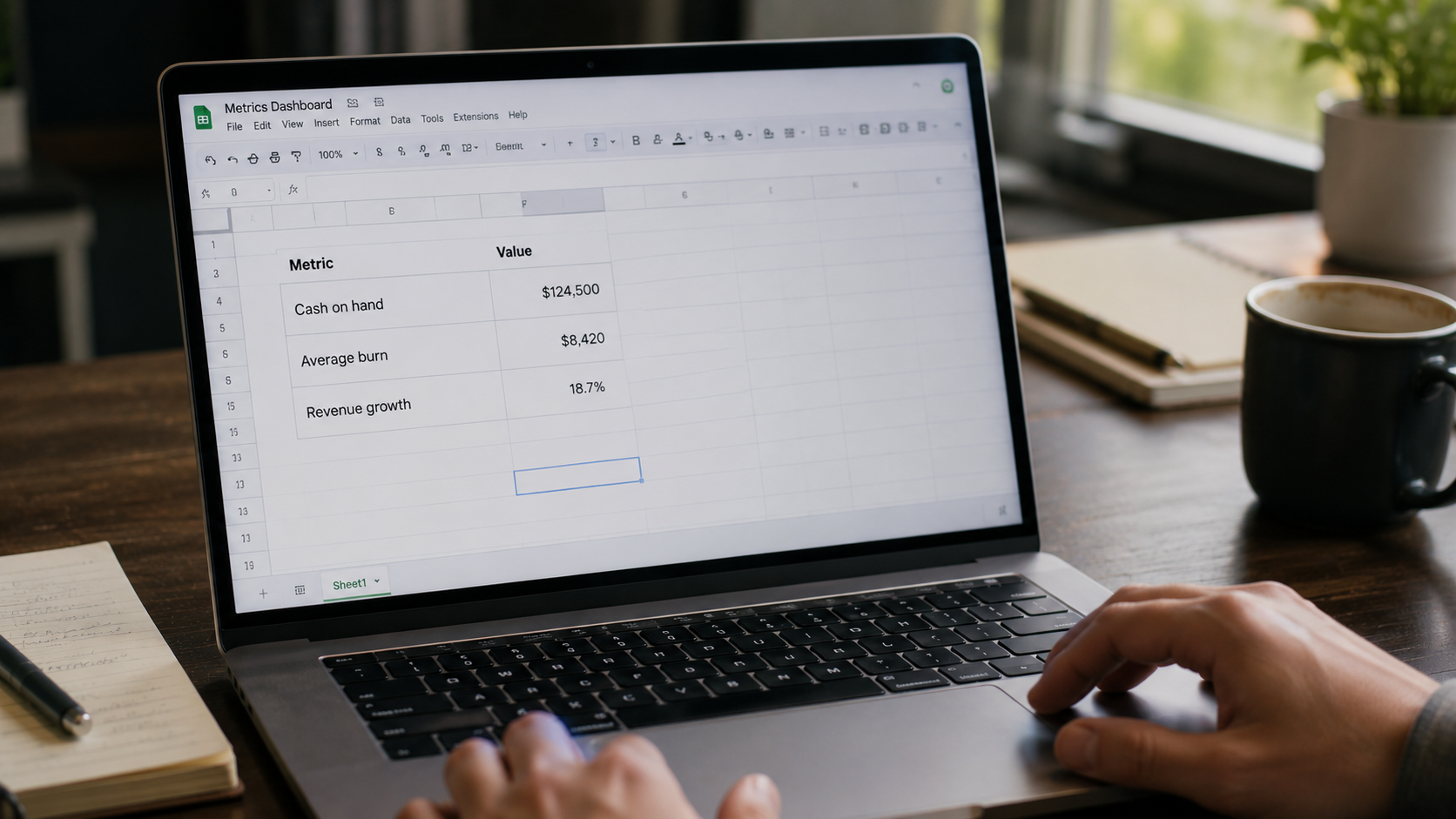 A monthly budget spreadsheet showing cash on hand, average burn, and revenue growth tracked in separate rows