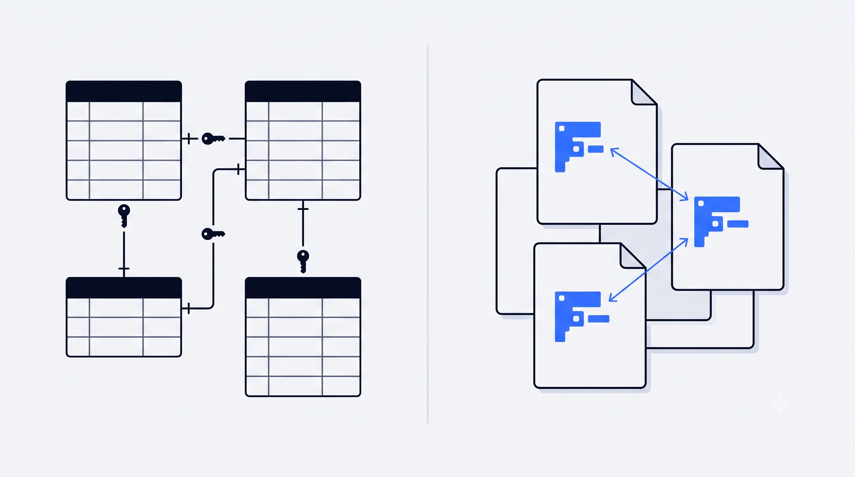 Supabase vs Firebase data modeling comparison showing normalized relational tables connected by keys beside duplicated denormalized documents