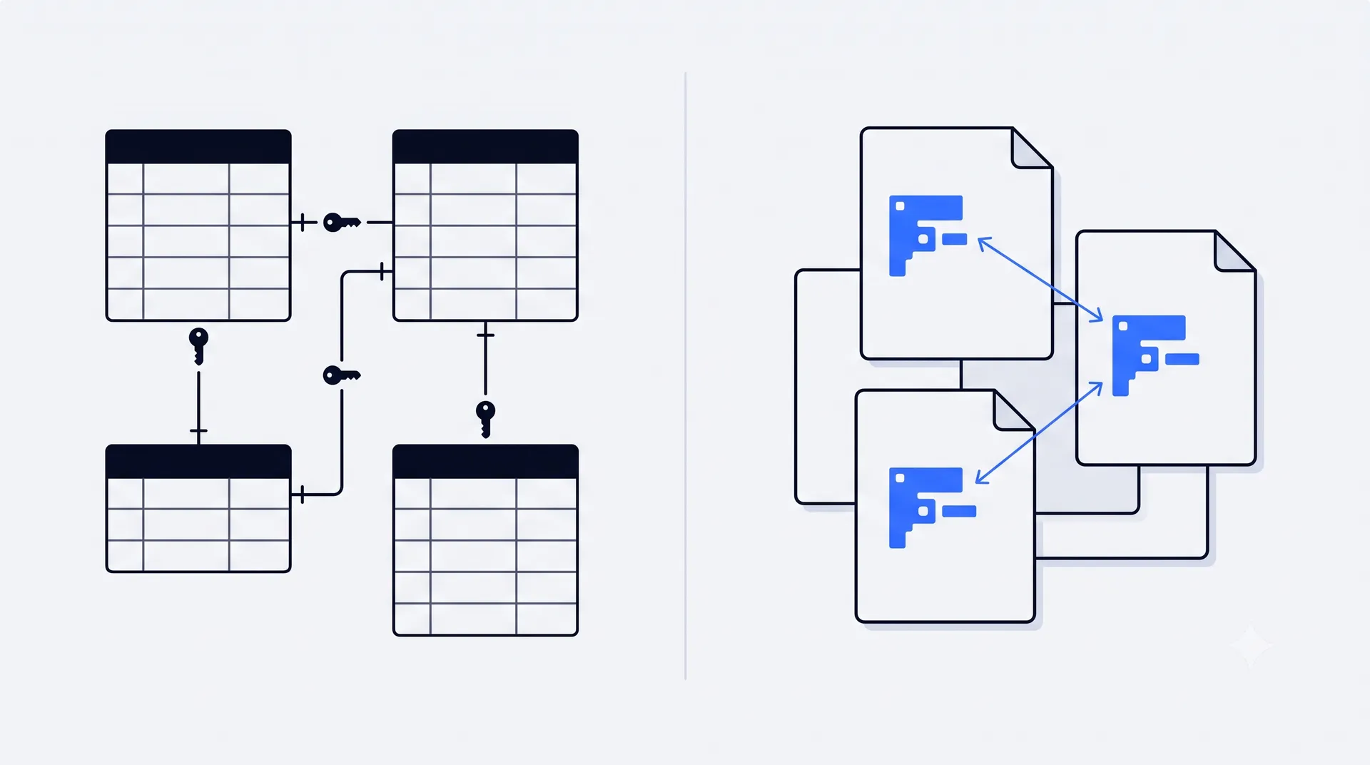 Supabase vs Firebase data modeling comparison showing normalized relational tables connected by keys beside duplicated denormalized documents
