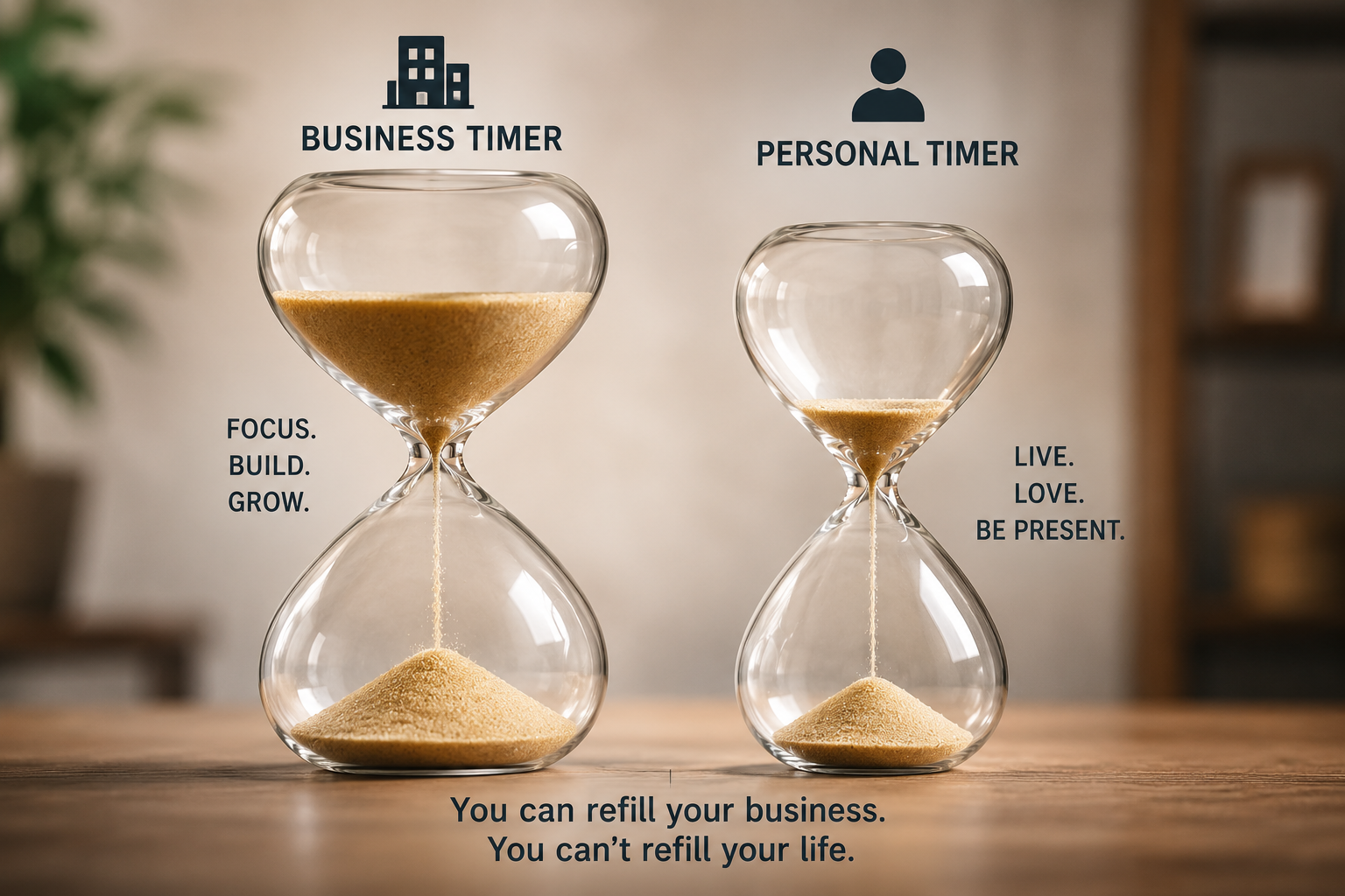 Two parallel countdown timers labeled Business Runway and Personal Runway ticking down at different speeds