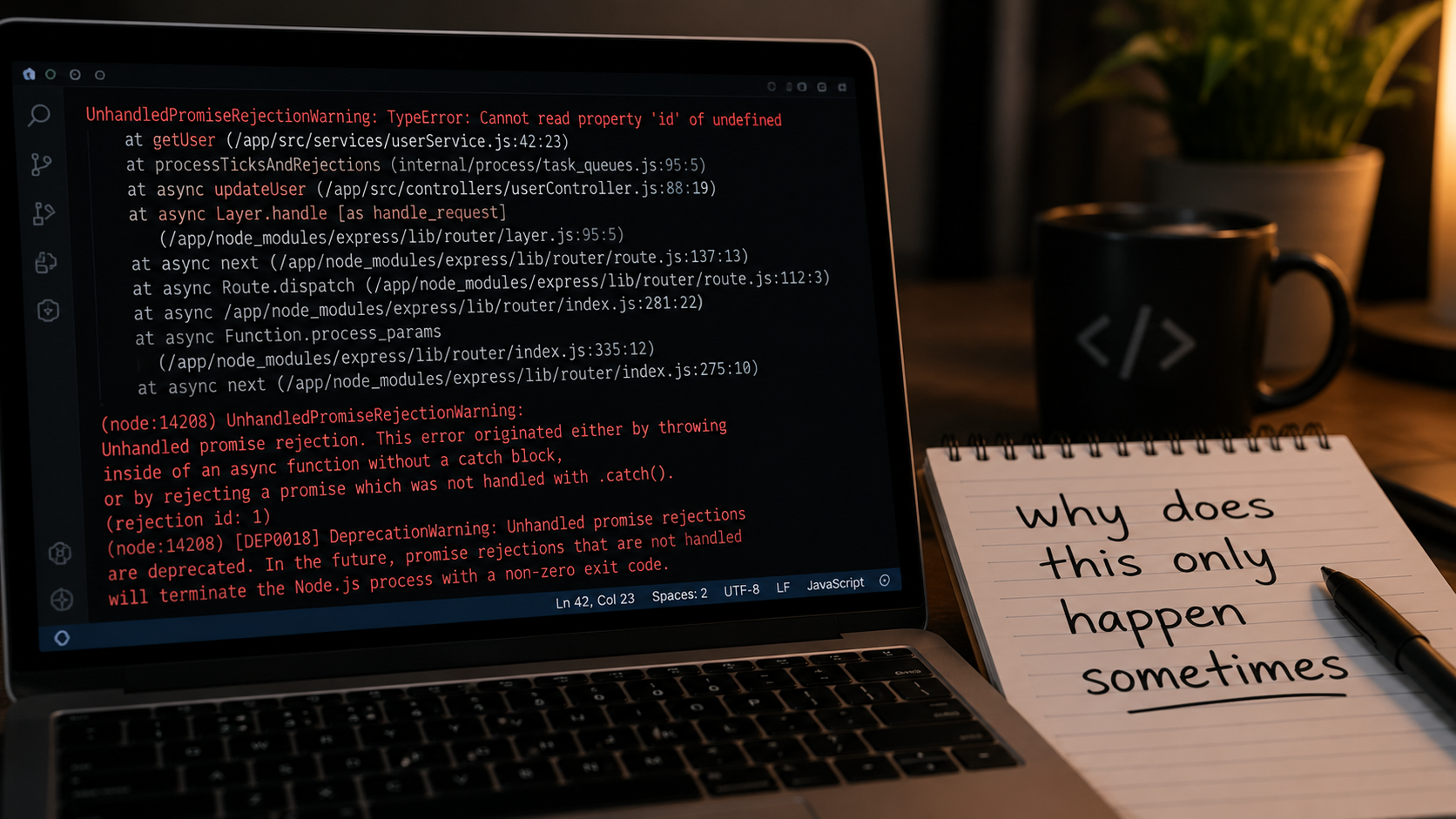 A stack trace error message on a laptop screen next to a handwritten note reading "why does this only happen sometimes"
