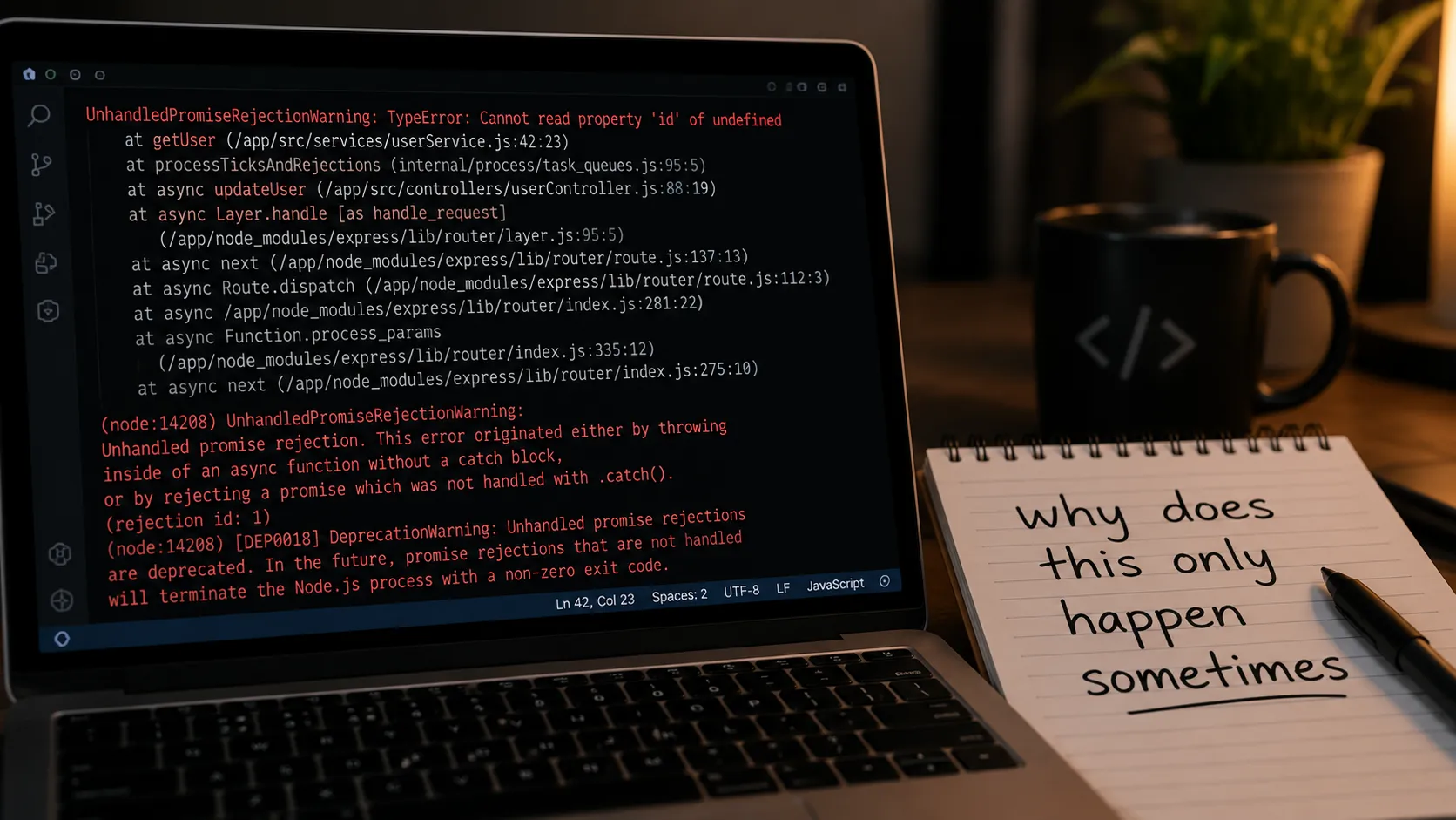 A stack trace error message on a laptop screen next to a handwritten note reading "why does this only happen sometimes"