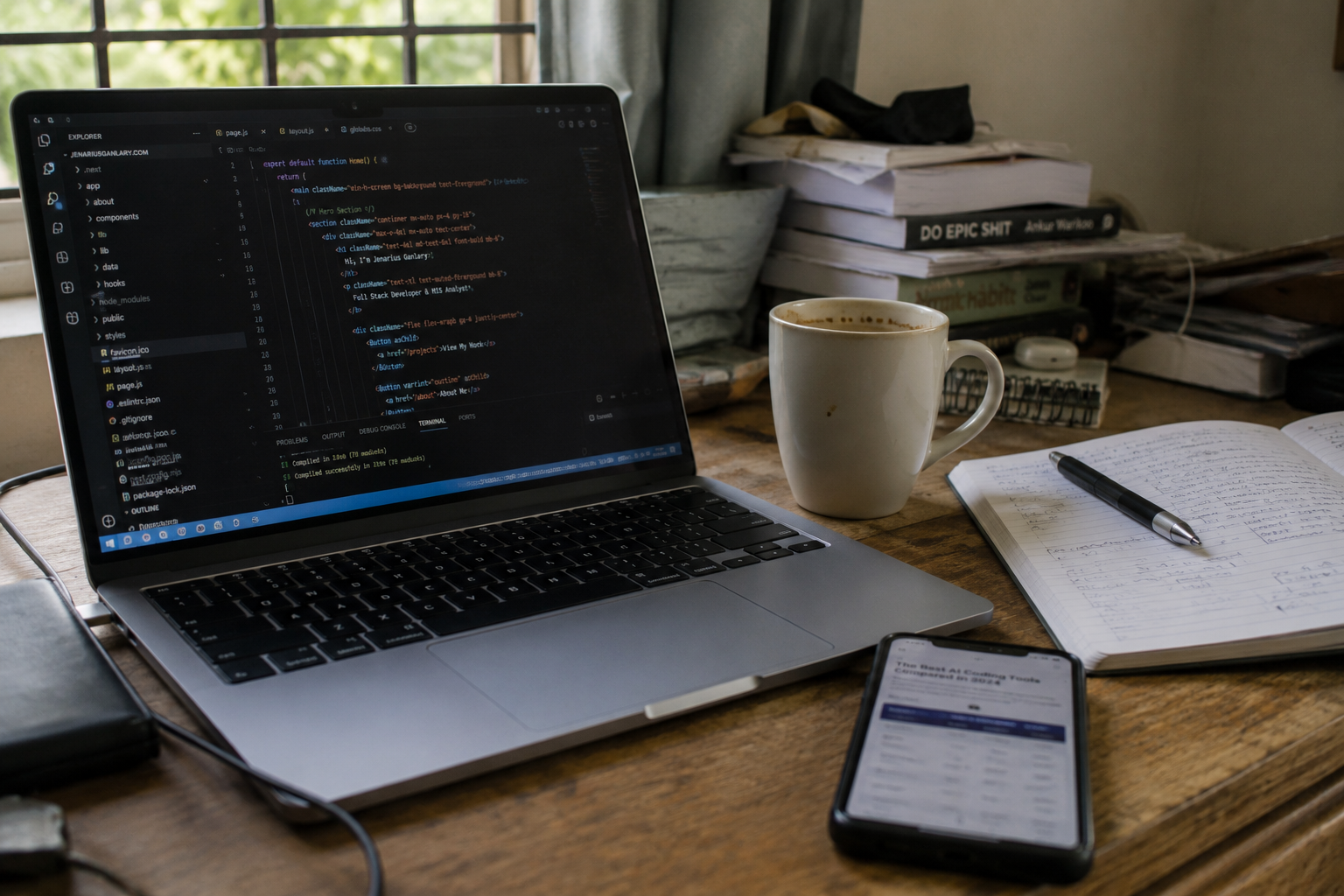 A cluttered desk with a laptop showing a code editor and a phone displaying a tool comparison, natural window light