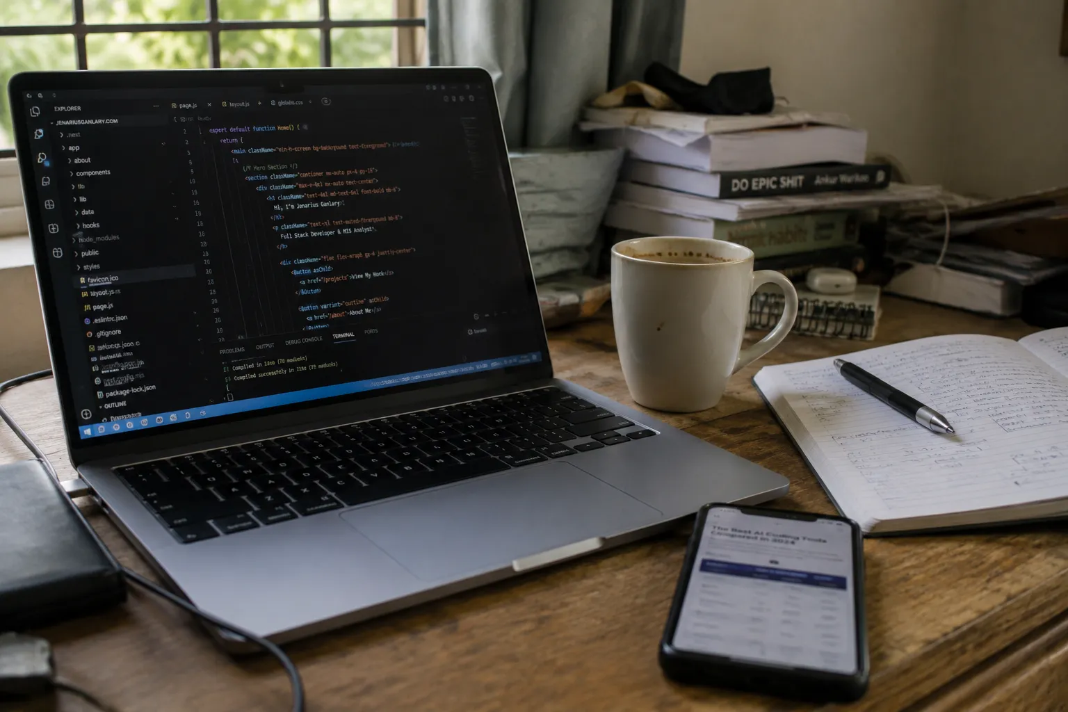 A cluttered desk with a laptop showing a code editor and a phone displaying a tool comparison, natural window light